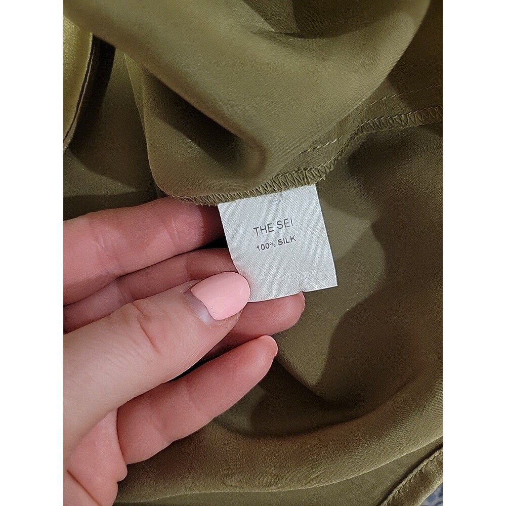 The Sei Silk Tie Front Blouse Size 4 Olive Satin Luxury Modern Minimalist Top - Picture 9 of 10